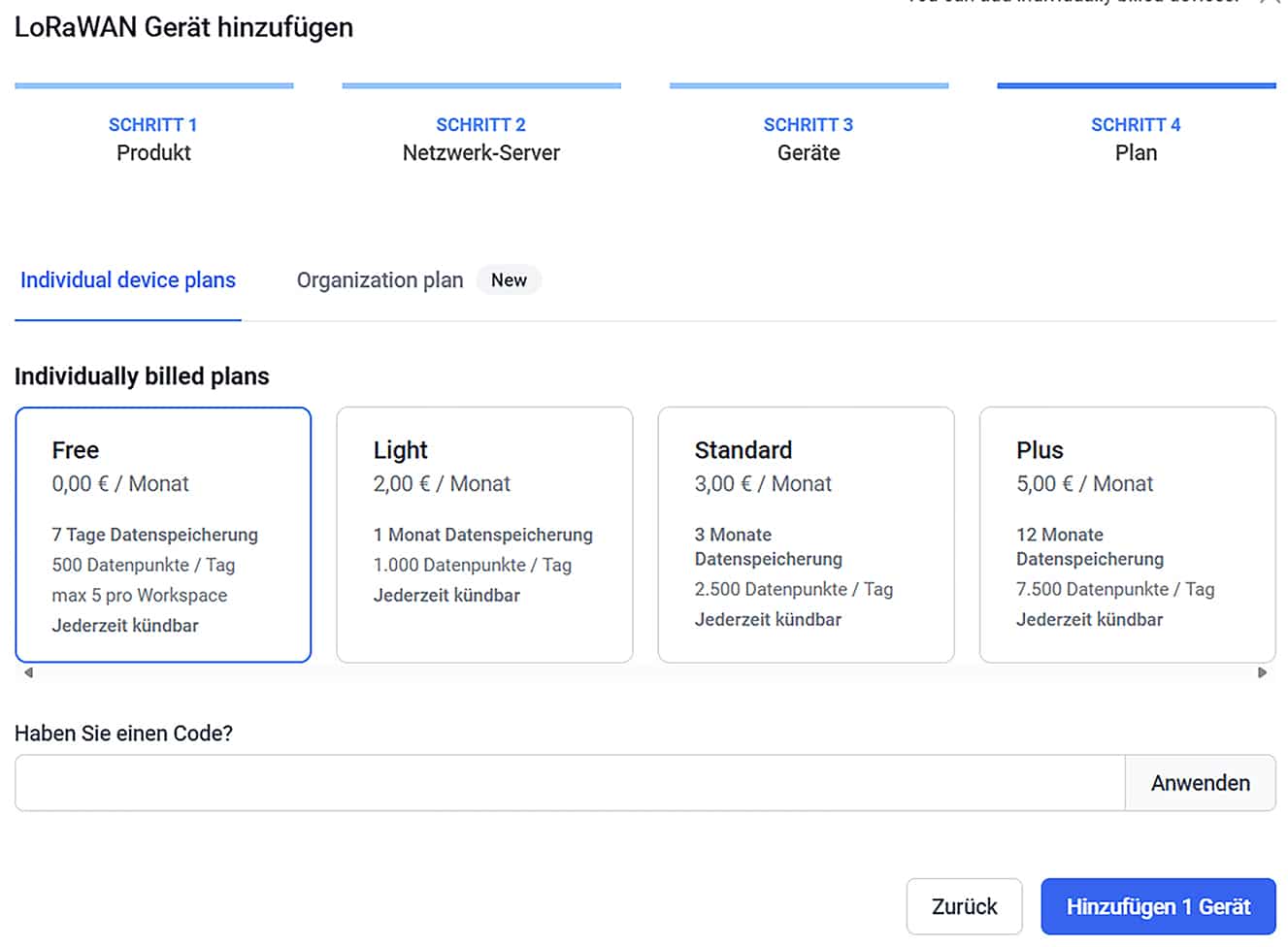 Bild 25: Auswahl des Free Plans