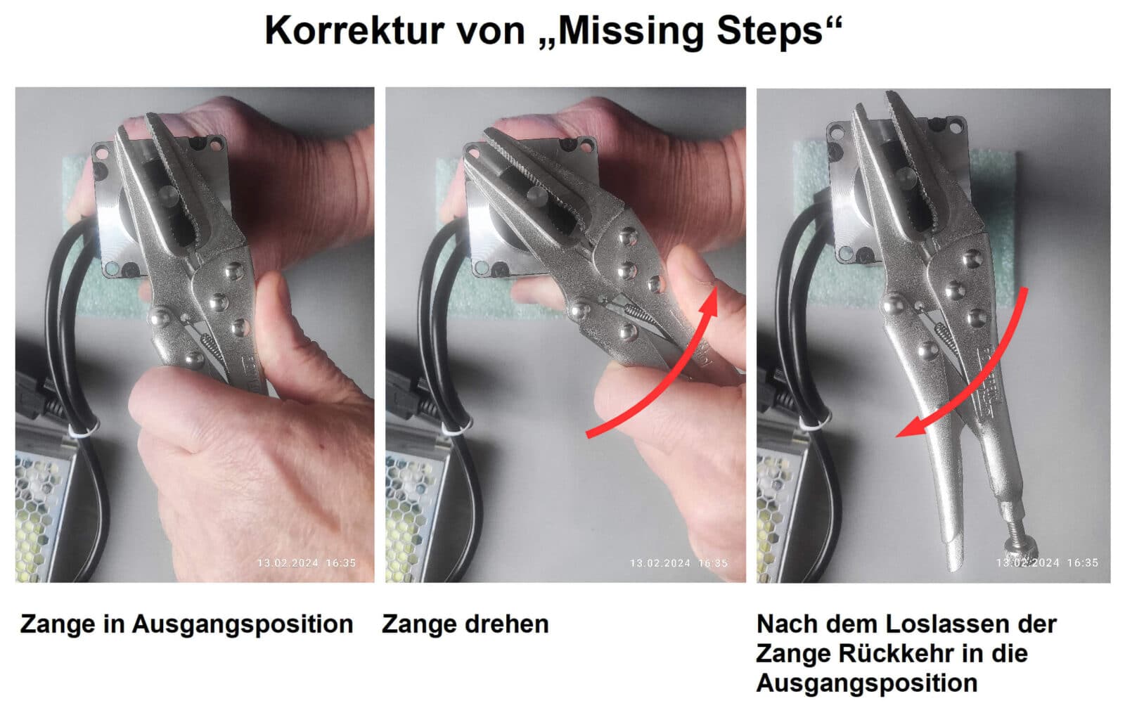 Bild 8: Mit einer Zange und etwas Kraft lässt sich der stehende bestromte Motor etwas verdrehen. Übt man keine Kraft mehr auf die Zange aus, wird diese wieder in die Ausgangsposition zurückgedreht. Damit wurden die „Missing Steps“ nachgeholt.