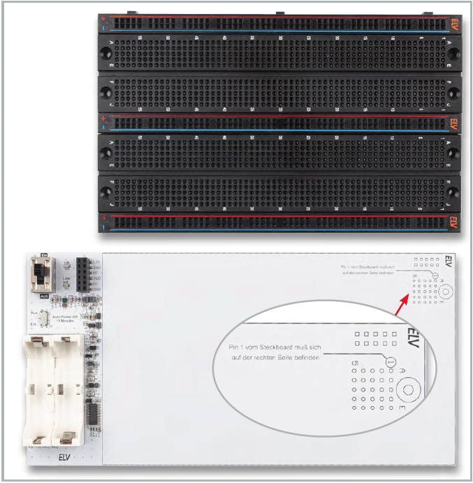 Bild 7: Fertig aufgebaute Platine und das Steckboard vor der Montage