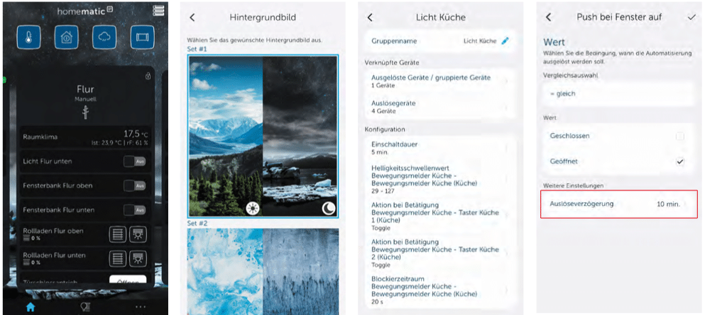 Bild 4: Neue Features der Homematic IP App: Darkmode, eigene Hintergrundbilder und Gruppenassistent sowie Auslöseverzögerung