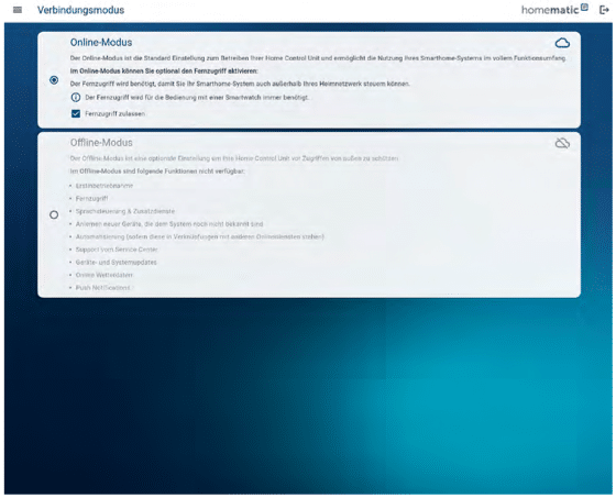 Bild 10: Auswahl des Online- oder Offline-Modus der HCU1