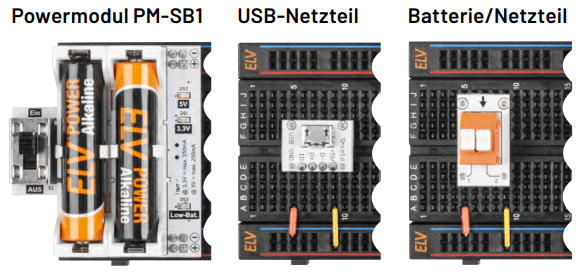 Bild 14: Unterschiedliche Varianten der Spannungsversorgung: mittels Powermodul PM-SB1, per 5-V-USB-Steckernetzteil oder einer Klemmleiste zum Anschluss an ein Labornetzteil oder eine Batterie