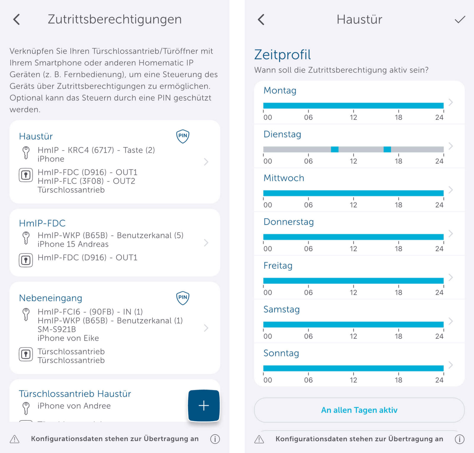 Bild 9: Erstellte Zutrittsberechtigungen (links) und das Zeitprofil (rechts)